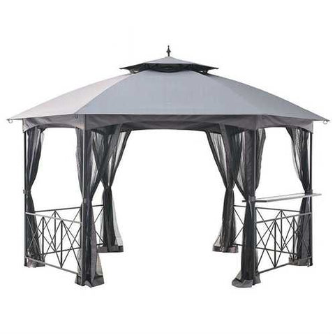 Image of 13Ft x 14Ft Hexagon Gazebo Canopy with Bar Shelf and Mosquito Netting