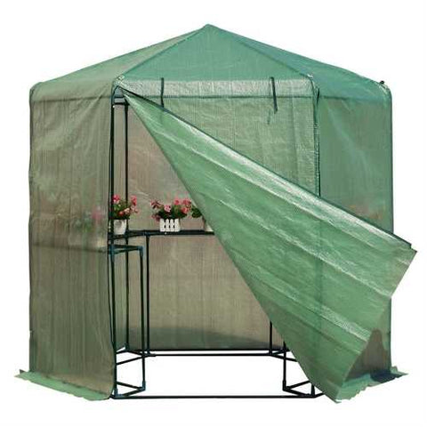 Image of Outdoor Hexagon Greenhouse 6.5 x 7 Ft with Steel Frame PE Cover and Shelves