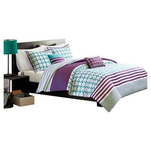 Full/Queen 5-Piece Comforter Set in Purple White Teal Circles & Stripes