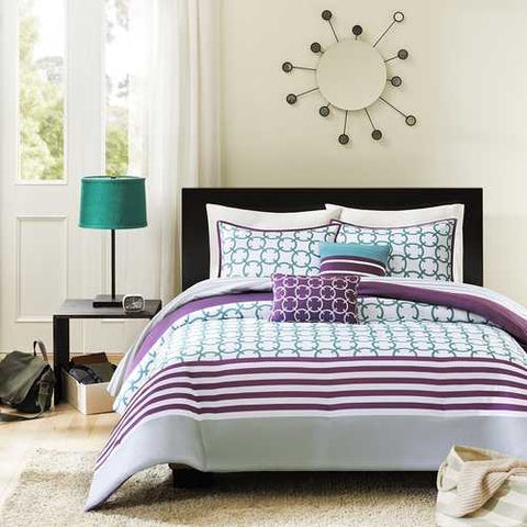 Image of Full/Queen 5-Piece Comforter Set in Purple White Teal Circles & Stripes