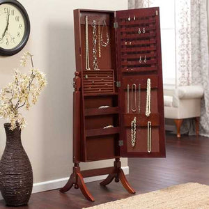 Full Length Tilting Cheval Mirror Jewelry Armoire in Cherry Wood Finish