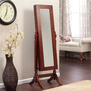 Full Length Tilting Cheval Mirror Jewelry Armoire in Cherry Wood Finish