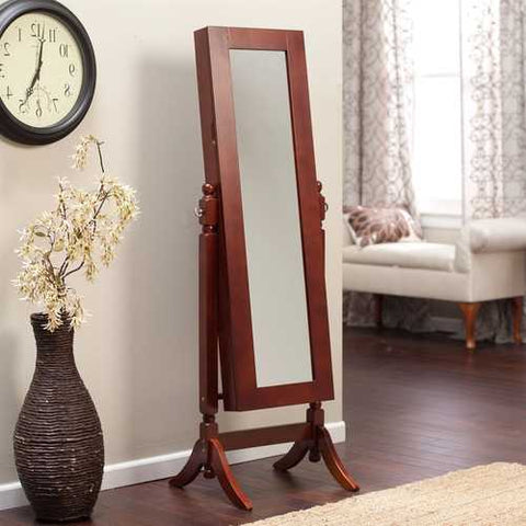 Image of Full Length Tilting Cheval Mirror Jewelry Armoire in Cherry Wood Finish