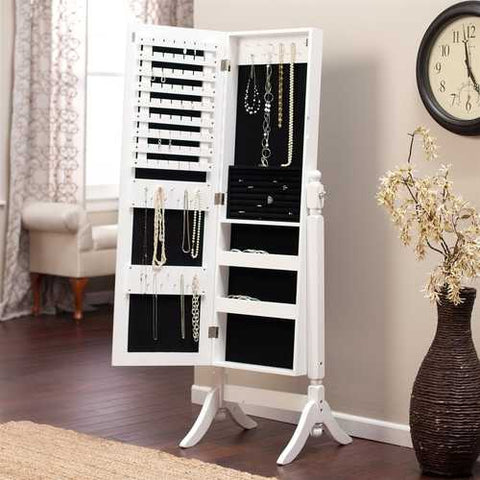 Image of Full Length Tilting Cheval Mirror Jewelry Armoire Cabinet in Gloss White Wood Finish