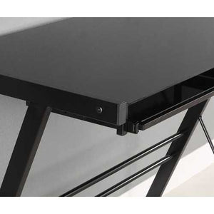 Black Metal L-Shaped Corner Computer Desk with Glass Top