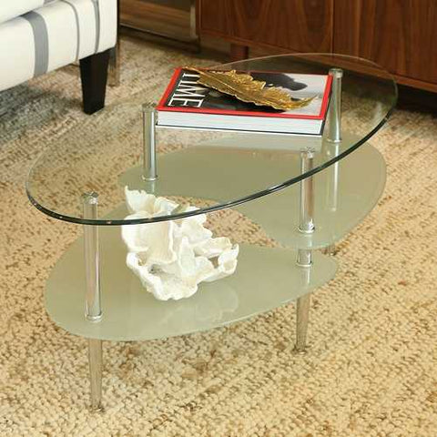 Image of Modern Oval Glass Coffee Table with Chrome Metal Legs