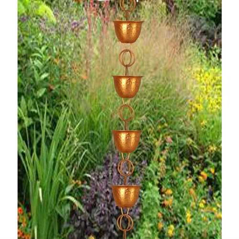 Image of Hammered Copper Cups 8.5-Feet Rain Chain Rain Gutter Downspout Alternative