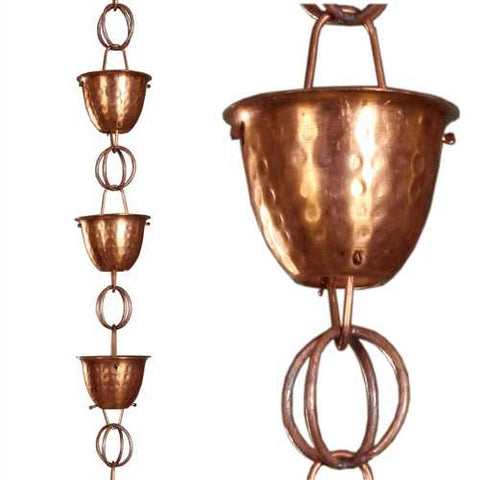 Image of Hammered Copper Cups 8.5-Feet Rain Chain Rain Gutter Downspout Alternative