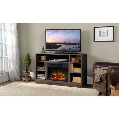 Image of Tall TV Stand Electric Fireplace in Brown Oak Finish