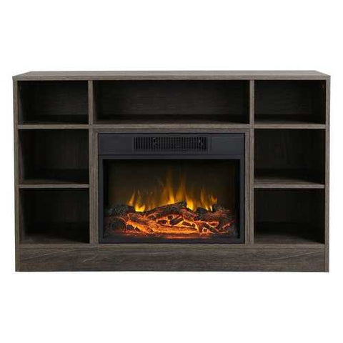 Image of Tall TV Stand Electric Fireplace in Brown Oak Finish