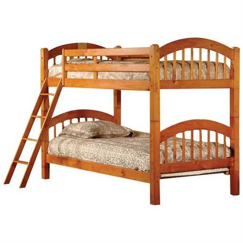 Image of Twin over Twin Bunk Bed with Ladder n Honey Oak Wood Finish