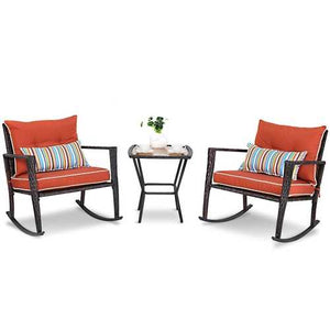 Red 3 Piece Patio Set Rattan Wicker Rocking Chairs with Coffee Table