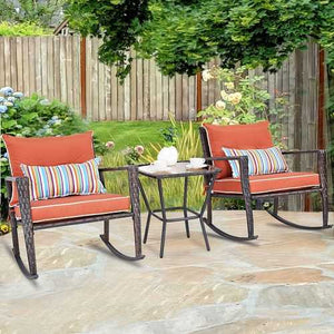 Red 3 Piece Patio Set Rattan Wicker Rocking Chairs with Coffee Table