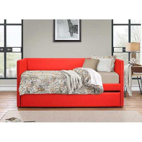 Image of Twin size Red Fabric Upholstered Daybed with Pull out Trundle