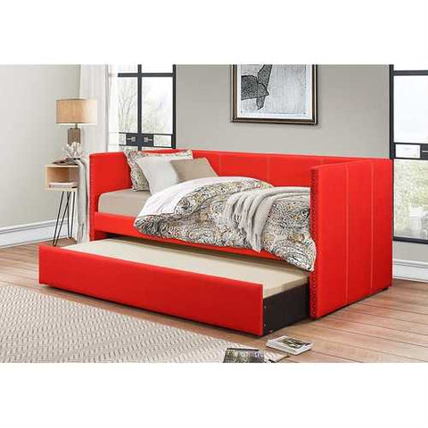 Image of Twin size Red Fabric Upholstered Daybed with Pull out Trundle