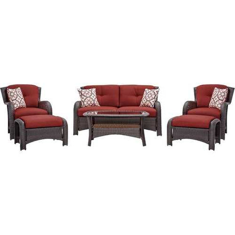 Image of Brown Resin Wicker 6-Piece Patio Furniture Lounge Set with Red Seat Cushions