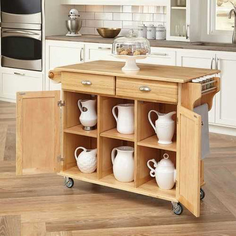 Image of Natural Wood Finish Kitchen Island Cart with Locking Casters