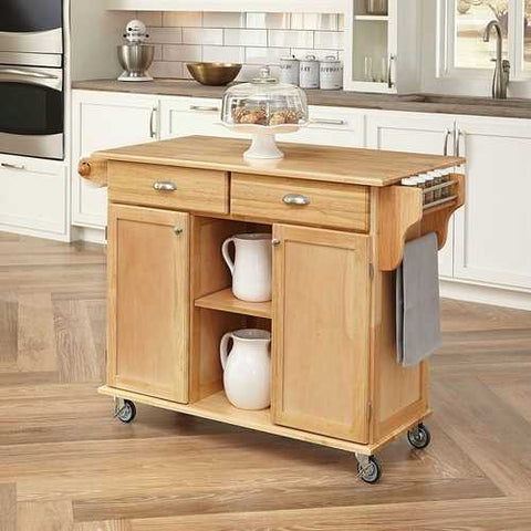 Image of Natural Wood Finish Kitchen Island Cart with Locking Casters