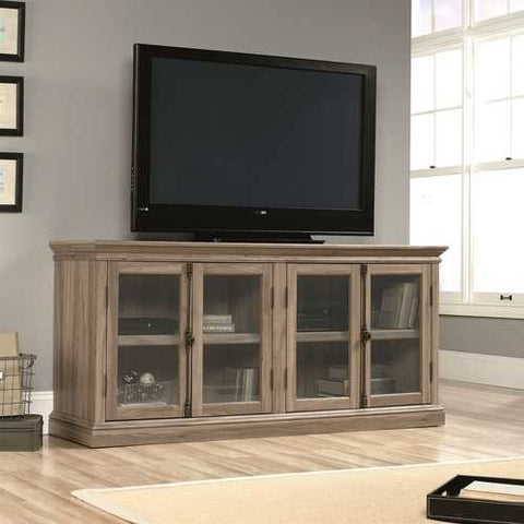 Image of Salt Oak Wood Finish TV Stand with Tempered Glass Doors - Fits up to 80-inch TV