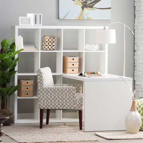 Image of Modern Computer Desk with Honeycomb Style Wall Bookcase in White