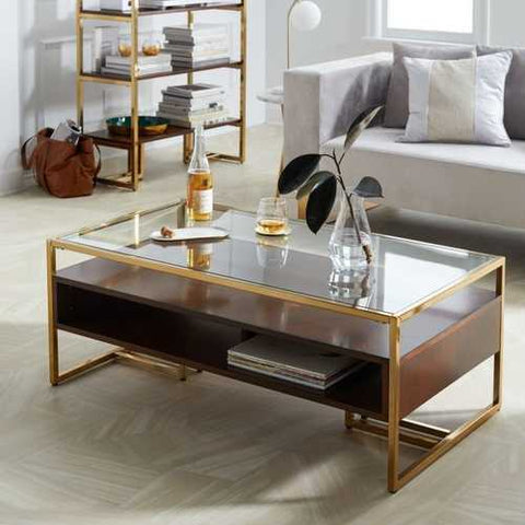 Image of Modern Steel Brass-Plated Walnut Glass Top Retro Coffee Table