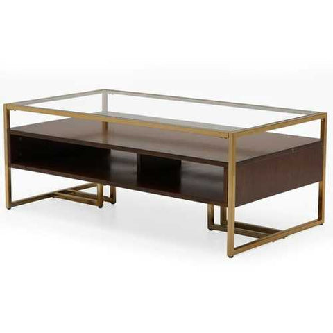 Image of Modern Steel Brass-Plated Walnut Glass Top Retro Coffee Table