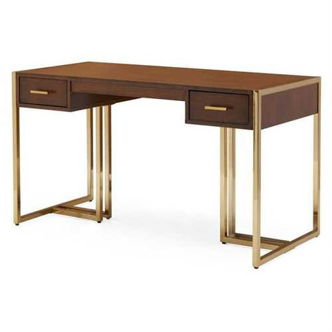 Image of Modern Laptop Writing Steel Brass-Plated Walnut Retro 2 Drawer Desk