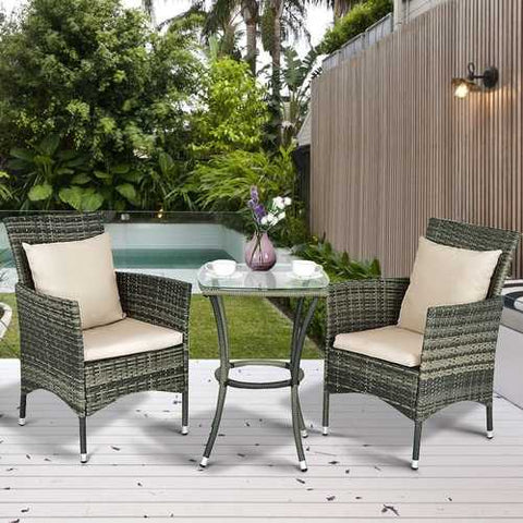 Image of 3 Piece Gray Brown Patio Rattan Chairs and Table Set with Cushions