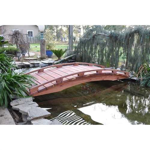 Image of Japanese Style Functional 4-Ft Wood Garden Bridge in Outdoor Sealed Redwood