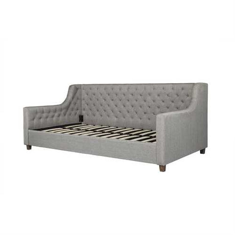 Image of Twin size Grey Linen Upholstered Day Bed with Tufted Detailing and Wood Legs