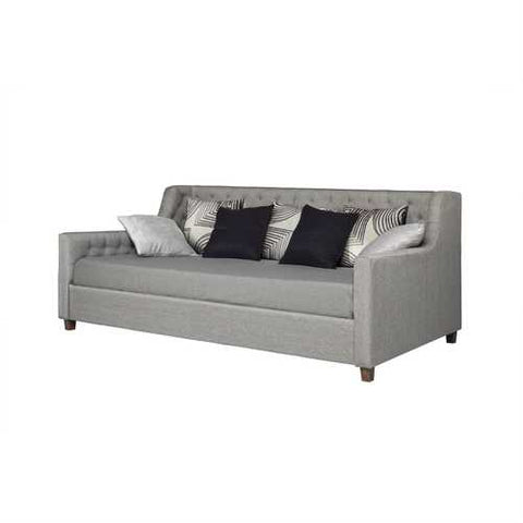 Image of Twin size Grey Linen Upholstered Day Bed with Tufted Detailing and Wood Legs