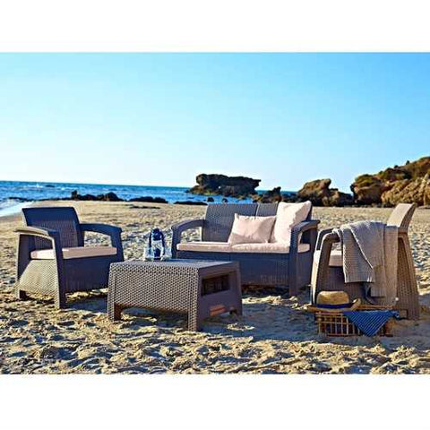 Image of Brown Resin Wicker Patio Furniture Set with Off-White Cushions