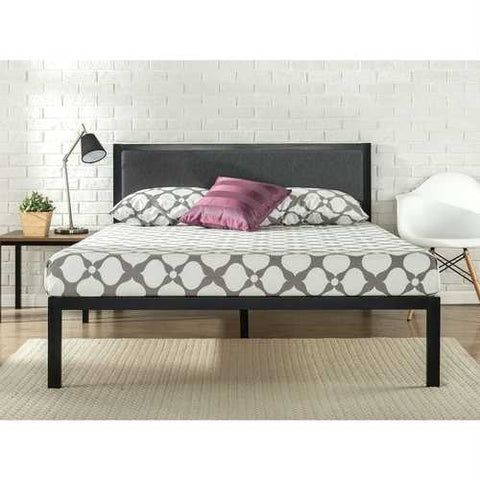 Image of King size Metal Platform Bed Frame with Wood Slats and Upholstered Headboard