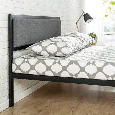 Image of King size Metal Platform Bed Frame with Wood Slats and Upholstered Headboard