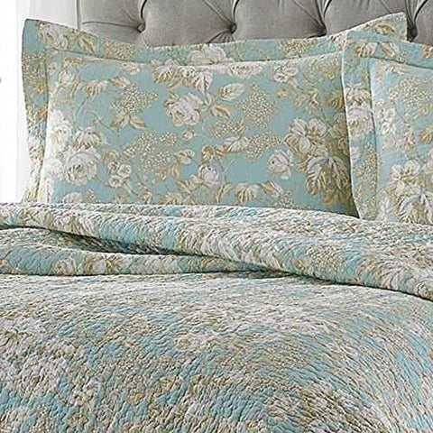 Image of King size 3-Piece Reversible Cotton Quilt Set with Seafoam Blue Beige Floral Pattern