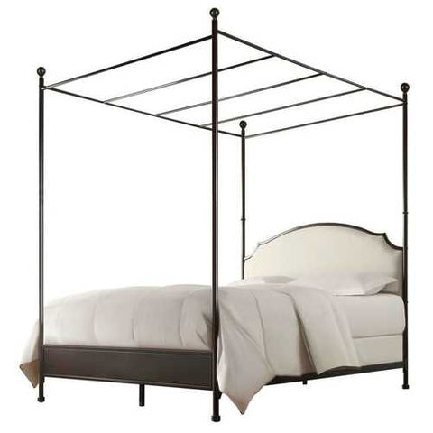 Image of King size Metal Canopy Bed with White Cream Linen Upholstered Headboard