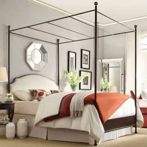 Image of King size Metal Canopy Bed with White Cream Linen Upholstered Headboard