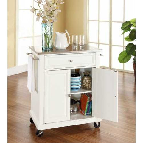 Image of Stainless Steel Top Portable Kitchen Island Cart in White Finish