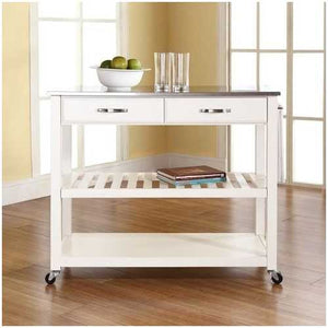 Stainless Steel Top Kitchen Cart Island in White on Casters