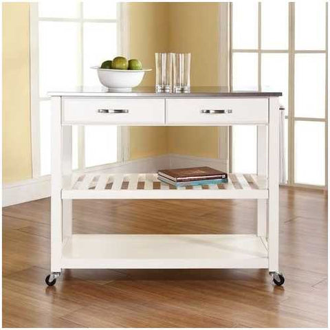 Image of Stainless Steel Top Kitchen Cart Island in White on Casters