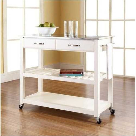 Image of Stainless Steel Top Kitchen Cart Island in White on Casters