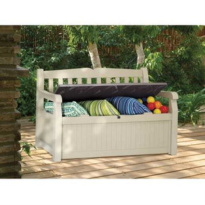 Patio Bench with Arm Rest and Storage Box in Beige Weather Resistant Resin