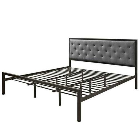 Image of King size Modern Metal Platform Bed with Gray Button Tufted Headboard