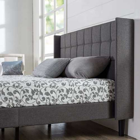 Image of King Grey Upholstered Mid-Century Modern Platform Bed with Wingback Headboard