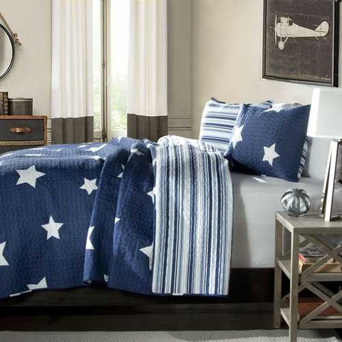 Image of King Navy Stars And Stripes At Night Quilt Coverlet Bedspread Set