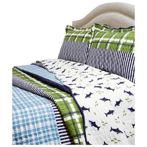 Image of King Navy Blue Green Plaid Shark Theme Reversible 3 Piece Coverlet Quilt Set