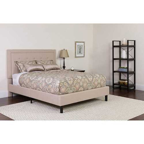 Image of King Beige Upholstered Platform Bed Frame with Button Tufted Headboard