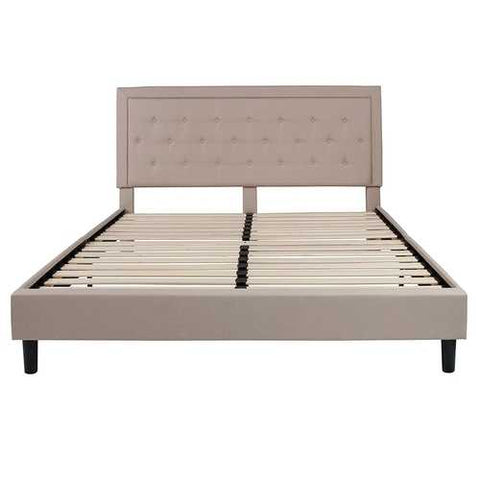 Image of King Beige Upholstered Platform Bed Frame with Button Tufted Headboard