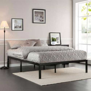 King size Modern Black Metal Platform Bed Frame with Wooden Slats