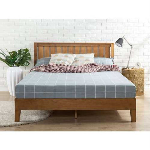 Image of King size Solid Wood Platform Bed Frame with Headboard in Medium Brown Finish